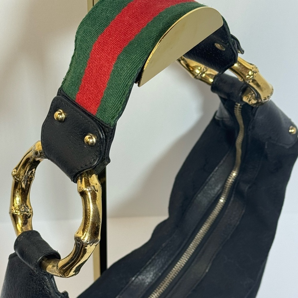 AUTHENTIC Gucci Black Crescent Bag w/Green & Red Stripe & Gold Bamboo Rings - Picture 6 of 11